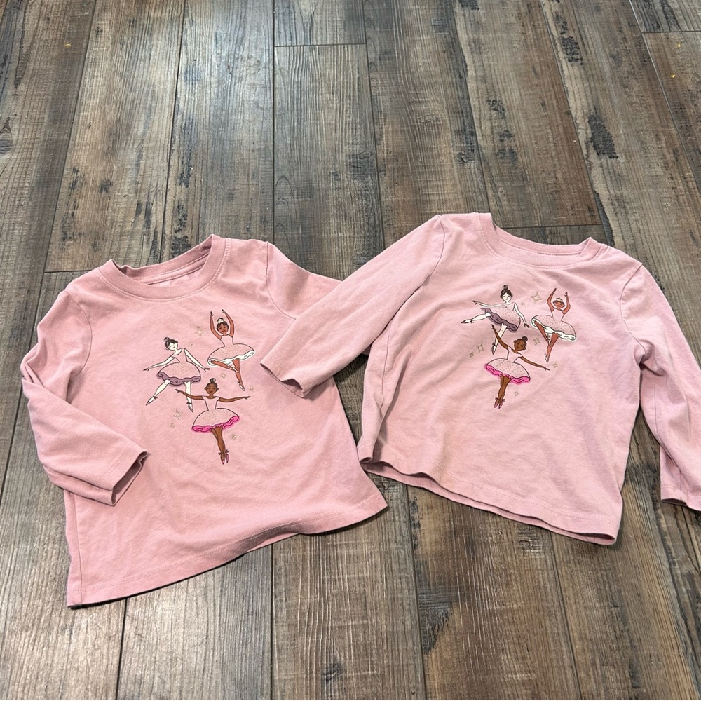 Twin Girls Cat & Jack Long Sleeve Dusty Pink Ballerina Graphic T-Shirt 18 Months